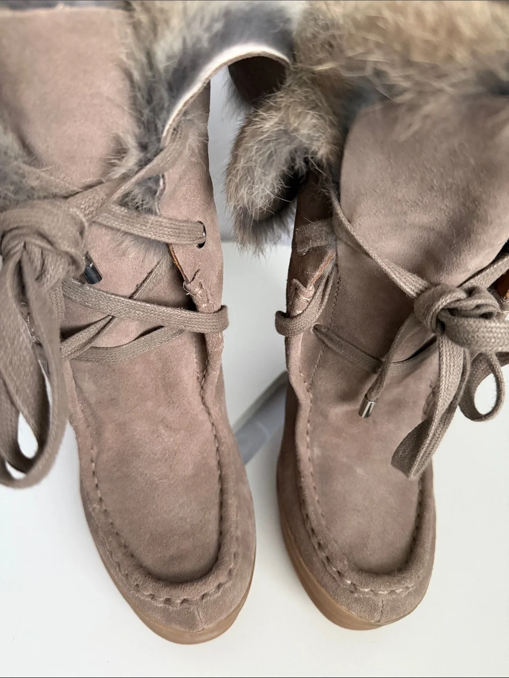 Coach Scout Sahara Suede Wedge Boots Fold Over Rabbit Fur Cuff Lace Up Moc-Toe